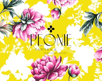 PEONIE, Peony Floral Seamless Pattern: Hand-Painted Vintage Botanical Print (Digital Download)