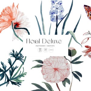 Könnte beinhalten: Aquarell-Blumenillustrationen mit rosa und weißen Pfingstrosen, blauen Hyazinthen und einem Schmetterling. Das Bild enthält den Text "Floral Deluxe Patterns | Motifs 300 DPI TIFF PSD Layered".