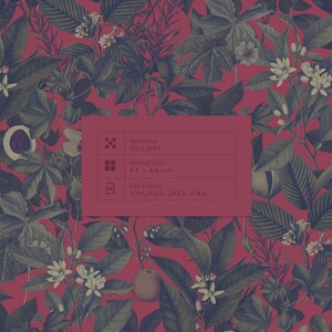 Puede incluir: Un patr&oacute;n sin costuras con un dise&ntilde;o repetitivo de hojas verde oscuro y flores blancas sobre un fondo rojo brillante.
