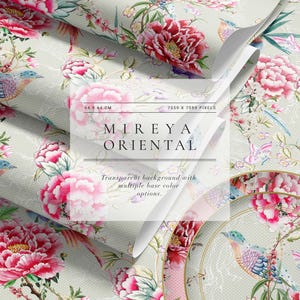 Könnte beinhalten: Blumenmuster mit rosa Pfingstrosen und Vögeln auf hellgrünem Hintergrund. Das Design enthält den Text "MIREYA ORIENTAL" und "Transparent background with multiple base color options." Das Bild ist 64 cm x 64 cm groß.