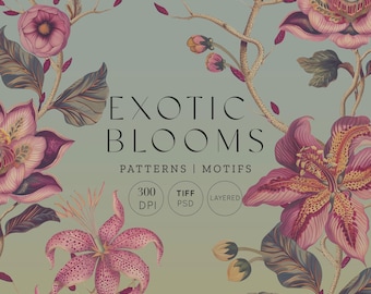 May include: A digital illustration of a floral pattern featuring pink, purple, and yellow flowers with green leaves. The text "Exotic Blooms Patterns | Motifs" is displayed in the center of the image. The text "300 DPI, TIFF PSD, LAYERED" is displayed below the text "Exotic Blooms Patterns | Motifs".