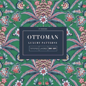 May include: A seamless pattern featuring a stylized floral design with blue, green, red, and white colors. The pattern is labeled "Ottoman Luxury Patterns" with the text "TIFF(PSD) LAYERED 300 DPI".