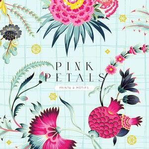 May include: A floral design featuring pink flowers with yellow centers and teal leaves, set against a light blue grid background. The text "PINK PETALS" and "PRINT & MOTIFS" are displayed.