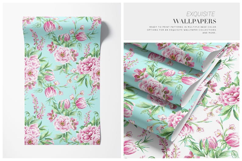 Op de afbeelding: Behangrol met een bloemenpatroon met roze pioenrozen en tulpen op een lichtblauwe achtergrond. Het ontwerp bevat groene bladeren en stelen. De tekst "EXQUISITE WALLPAPERS" is zichtbaar.