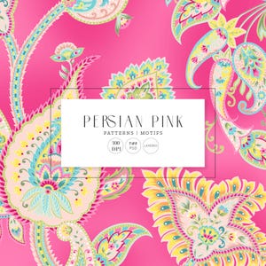 Może przedstawiać: Żywy różowy wzór z dużymi, ozdobnymi motywami paisley w odcieniach żółci, niebieskiego i zieleni. Projekt zawiera tekst "PERSIAN PINK PATTERNS | MOTIFS" w białym prostokącie, wraz ze szczegółami dotyczącymi formatu pliku.