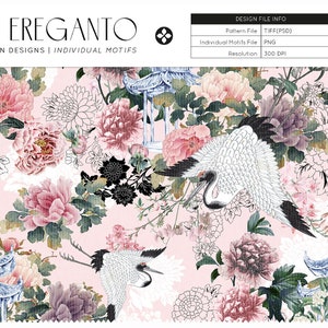May include: A seamless pattern featuring white cranes, pink and white peonies, and blue pagodas on a light pink background. The pattern is perfect for fabric, wallpaper, or other design projects.