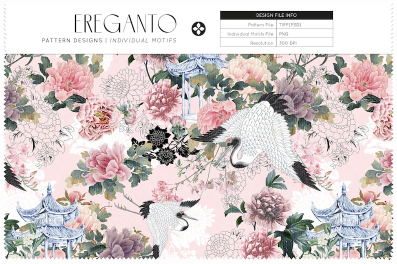 May include: A seamless pattern featuring white cranes, pink and white peonies, and blue pagodas on a light pink background. The pattern is perfect for fabric, wallpaper, or other design projects.