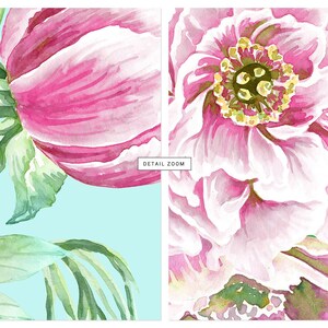 Op de afbeelding: Waterverfschilderij van een roze pioenroos met groene bladeren tegen een lichtblauwe achtergrond. De rechterkant van de afbeelding toont een close-up van het midden van de bloem. De tekst "DETAIL ZOOM" is zichtbaar.