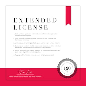 May include: A white document with a red ribbon and a red seal. The document outlines the terms of an extended license for digital products. The text reads "EXTENDED LICENSE" and includes details about usage rights, customization, and restrictions.