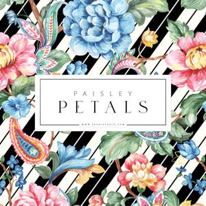 Vintage Paisley Floral Pattern | Hand-Painted Lush Designs in striped background textures. Instant Downloads.