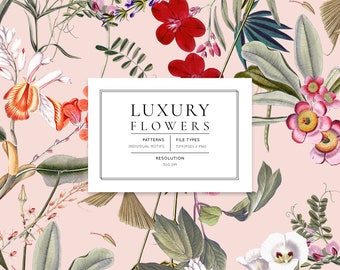 Op de afbeelding: Een naadloos patroon met een verscheidenheid aan roze, rode en witte bloemen met groene bladeren op een lichtroze achtergrond. De tekst "LUXURY FLOWERS" wordt weergegeven in een wit kader met de woorden "PATTERNS", "FILE TYPES" en "RESOLUTION" eronder.