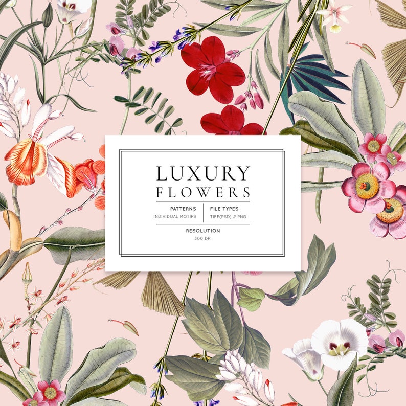 May include: A seamless pattern featuring a variety of pink, red, and white flowers with green leaves on a light pink background. The text "LUXURY FLOWERS" is displayed in a white box with the words "PATTERNS", "FILE TYPES", and "RESOLUTION" listed below.