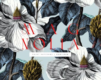 Vintage Style line sketch magnolia seamless print pattern designs!