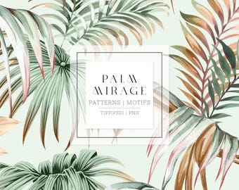 Palm Mirage, hand painted watercolor palms and parakeet in seamless prints & motifs.
