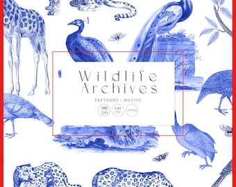 Wildlife Archives Seamless Safari Pattern Design – Vintage Blue Illustration, Colorful Jungle Fauna print for Fabric, Wallpaper & more.