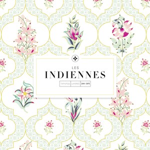 Indiennes, exquisite traditional Indian Buti patterns and motifs in pastel shades of fuchsia pink and soft blues.