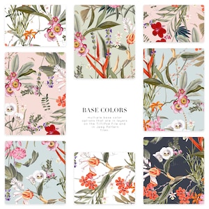 May include: Nine different color variations of a floral pattern featuring pink, red, white, and orange flowers with green leaves. The text "BASE COLORS" is in the center of the image.