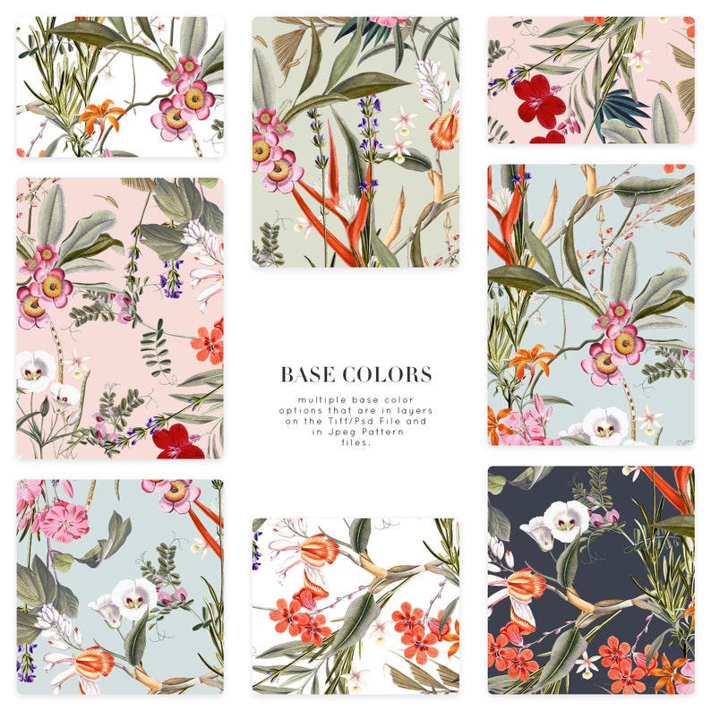 May include: Nine different color variations of a floral pattern featuring pink, red, white, and orange flowers with green leaves. The text "BASE COLORS" is in the center of the image.