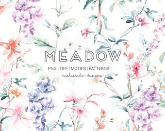 May include: A watercolor floral pattern featuring pink, orange, and blue flowers with green leaves. The text "MEADOW" is in the center of the image, with the text "PNG | TIFF | MOTIFS | PATTERNS" below it and "tashistudio_designs" below that.