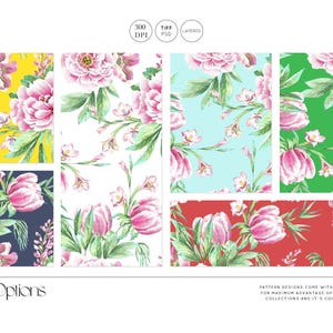 Op de afbeelding: Verschillende bloempatronen met roze bloemen en groene bladeren op verschillende gekleurde achtergronden, waaronder geel, wit, blauw en rood. De afbeelding bevat de tekst "Color Options".