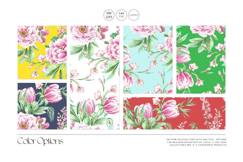 Op de afbeelding: Verschillende bloempatronen met roze bloemen en groene bladeren op verschillende gekleurde achtergronden, waaronder geel, wit, blauw en rood. De afbeelding bevat de tekst "Color Options".