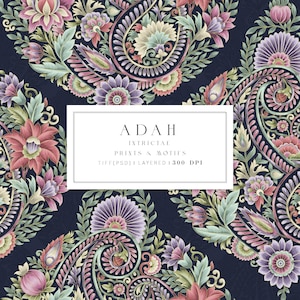 Könnte beinhalten: Ein nahtloses Muster mit komplizierten Paisley-Mustern und floralen Motiven in Rosa-, Lila-, Grün- und Cremetönen auf dunkelblauem Hintergrund. Der Text "ADAH INTRICATE PRINTS & MOTIFS TIFF(PSD) | LAYERED | 300 DPI" wird in einem weißen Rechteck angezeigt.