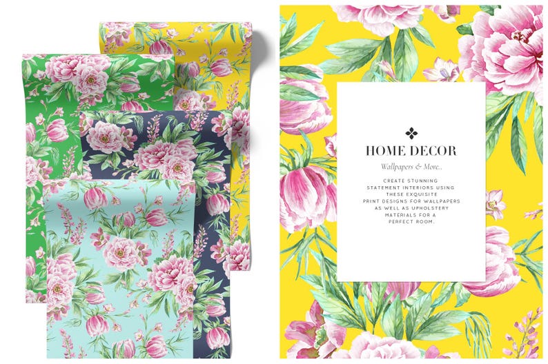 Op de afbeelding: Rolls van bloemenbehang in groen, geel, marineblauw en teal. Het behang heeft roze pioenrozen en groene bladeren. Een gele achtergrond met roze bloemen en de tekst "HOME DECOR" is ook te zien.