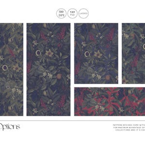 Puede incluir: Cuatro variaciones de color diferentes de un patr&oacute;n floral sin costuras que presenta un fondo verde oscuro con flores rojas, blancas y amarillas. El patr&oacute;n es adecuado para telas, papel tapiz u otros proyectos de dise&ntilde;o.