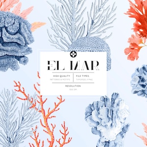 Coral Reef Pattern: Orange & Blue Aquatic Plants (Digital Download)