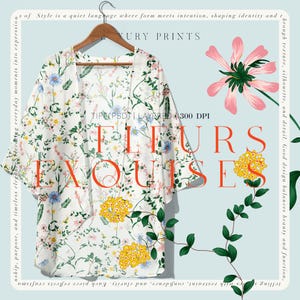 May include: A white kimono featuring a colourful floral pattern with yellow, blue, and pink flowers and green foliage. The garment hangs on a wooden hanger. Text on the image includes LUXURY PRINTS, TIF (PSD) | LAYERED | 300 DPI, and FLEURS EXQUISES.