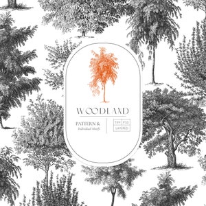 Woodland, exquisite toile de jouy print of tree elements in seamless surface pattern designs.