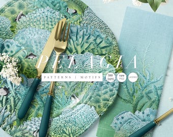 Pelagia — Underwater Coral Reef Seamless Pattern, With & Without Fish, Commercial License, TIFF PSD Layered, 300 DPI
