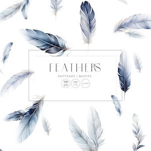 May include: A digital illustration of a seamless pattern featuring blue and grey watercolour feathers. The pattern is labelled "FEATHERS PATTERNS | MOTIFS 300 DPI TIFF PSD LAYERED".