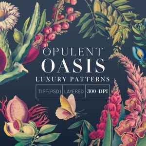 Opulent Oasis, lussuosi motivi botanici tropicali senza soluzione di continuità con uccelli esotici, frutta e fiori per progetti di tessuti, carta da parati e artigianato.