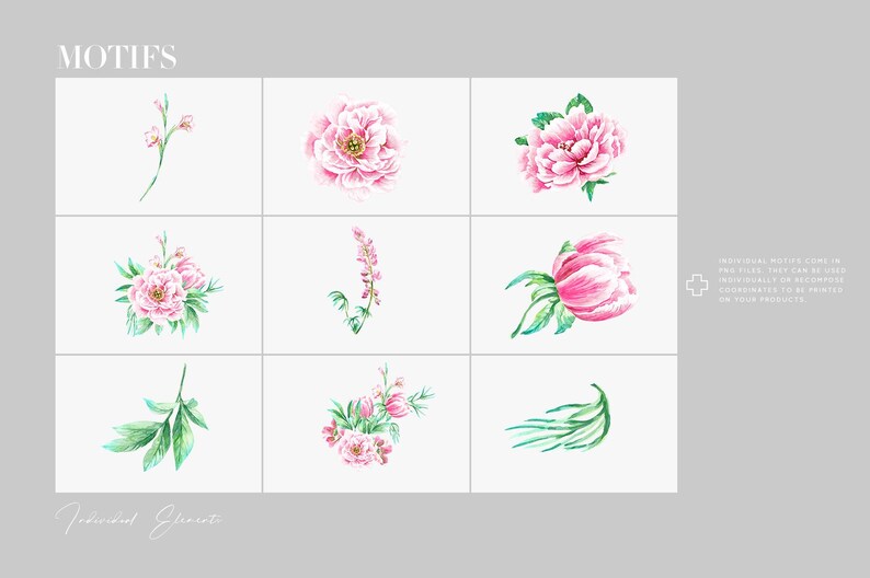 Op de afbeelding: Negen aquarel bloemmotieven in roze en groen, waaronder pioenrozen en bladeren, gerangschikt in een raster. Het woord "MOTIFS" staat bovenaan en de tekst onderaan luidt "Federico Giusti". Individuele motieven kunnen afzonderlijk worden gebruikt.