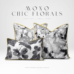 May include: Three throw pillows with a black and white floral print. The pillows have a yellow trim and are arranged on a white background. The text "MONO CHIC FLORALS" is at the top of the image.