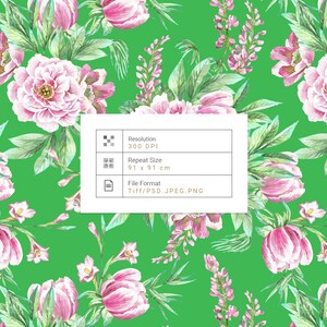 Op de afbeelding: Een levendig groen bloemenpatroon met roze pioenrozen en tulpen in aquarel en groene bladeren. Het ontwerp bevat een witte rechthoek met tekst die de resolutie, de herhalingsgrootte van 91 x 91 cm en het bestandsformaat aangeeft.