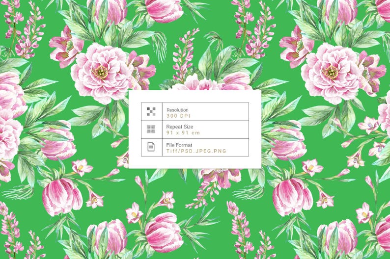 Op de afbeelding: Een levendig groen bloemenpatroon met roze pioenrozen en tulpen in aquarel en groene bladeren. Het ontwerp bevat een witte rechthoek met tekst die de resolutie, de herhalingsgrootte van 91 x 91 cm en het bestandsformaat aangeeft.