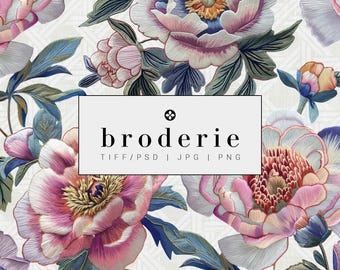 Embroidered Peony Seamless Pattern Digital Download | Navy Cane Weave Companion Print | Fabric & Wallpaper Design