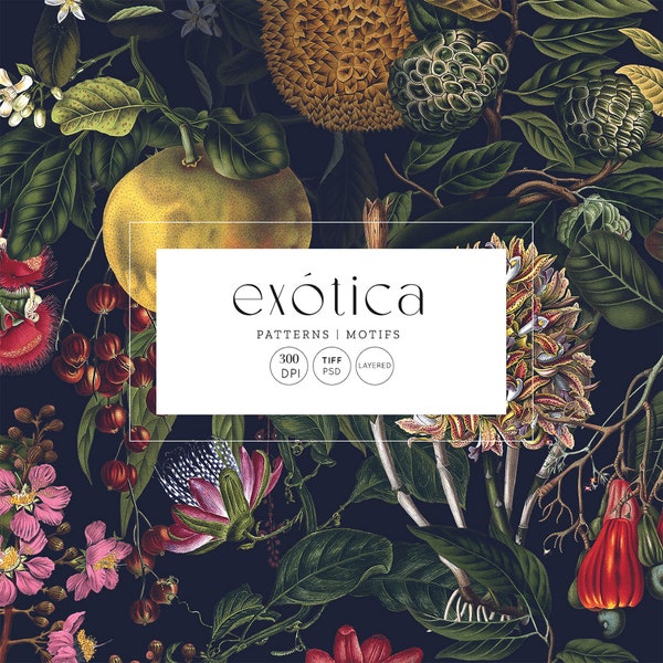 Exótica, High end luxurious pattern design with exotic flowers and fruits | High resolution | Wallpaper prints | Home Décor | Fashion prints