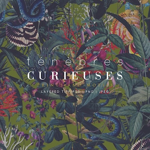 May include: A botanical pattern featuring dark green foliage, red coral-like structures, purple flowers, and blue snakes on an olive green background. The text reads "ténèbres CURIEUSES PRINTS AND MOTIFS LAYERED TIFF | PSD | PNG | JPEG".