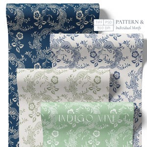 Vintage folklig blommig sömlös mönster, indigo vinstocktryck (digital nedladdning