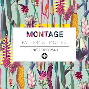 May include: A seamless pattern featuring colorful tropical flowers and plants on a light blue background. The text "MONTAGE PATTERNS | MOTIFS PNG | TIFF (PSD)" is displayed in a white rectangle.