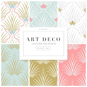 May include: Six different Art Deco style patterns in gold, white, pink, and blue. The patterns are all geometric and feature a repeating design of stylized leaves and flowers. The text "Art Deco Vectors PSD Prints TIFF/PSD JPEG" is in the center of the image.