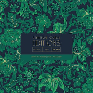Puede incluir: Un patrón sin costuras que presenta un diseño repetitivo de hojas y flores verdes sobre un fondo azul oscuro. El texto "Limited Color Editions" se muestra en una pancarta dorada con las palabras "TIFF(PSD) JPEG 300 DPI" y "PRINTS FOR FASHION | HOME | WALLPAPERS" debajo.
