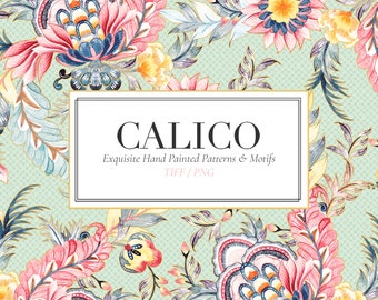 May include: A seamless pattern featuring intricate floral designs in shades of pink, blue, yellow, and green. The pattern is set against a light green background with a subtle grid pattern. The text "CALICO Exquisite Hand Painted Patterns & Motifs TIFF / PNG" is displayed in a white rectangle with a gold border.