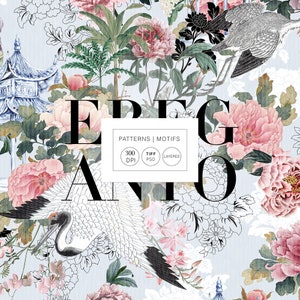 May include: A seamless pattern featuring a delicate floral design with pink peonies, white cranes, and a traditional Chinese pagoda. The pattern is set against a light blue background and includes the text "ELEGANT" in black.