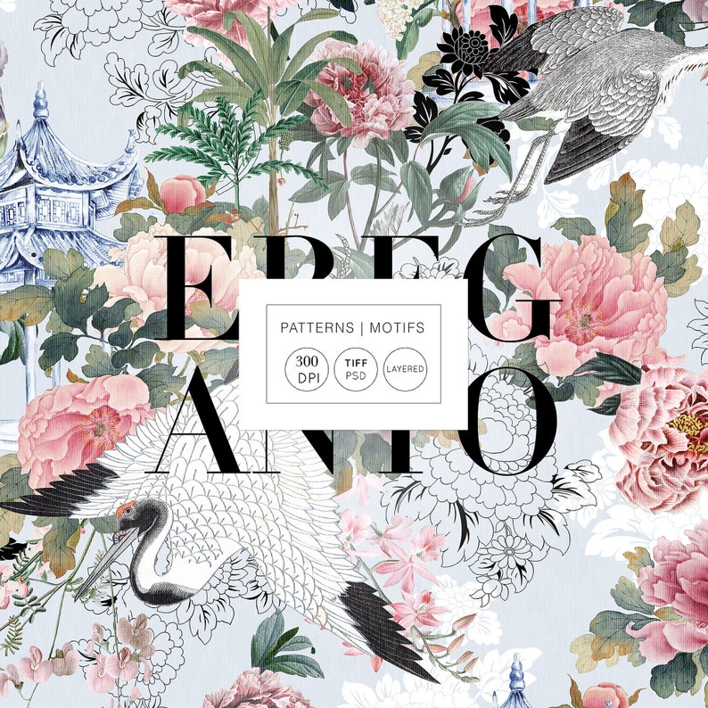 May include: A seamless pattern featuring a delicate floral design with pink peonies, white cranes, and a traditional Chinese pagoda. The pattern is set against a light blue background and includes the text "ELEGANT" in black.
