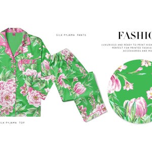 Op de afbeelding: Groene zijden pyjamaset met een bloemenpatroon van roze en witte bloemen. De set bevat een top met lange mouwen met roze bies en een bijpassende broek. Een cirkelvormig ontwerp toont het bloemenpatroon. Tekst: "FASHION".