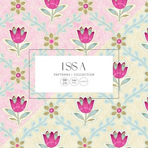 May include: A seamless pattern featuring pink and gold flowers with blue stems on a cream background. The pattern is 300 DPI and comes in TIFF and PSD formats. The text "ISSA PATTERNS | COLLECTION" is displayed in the center of the image.